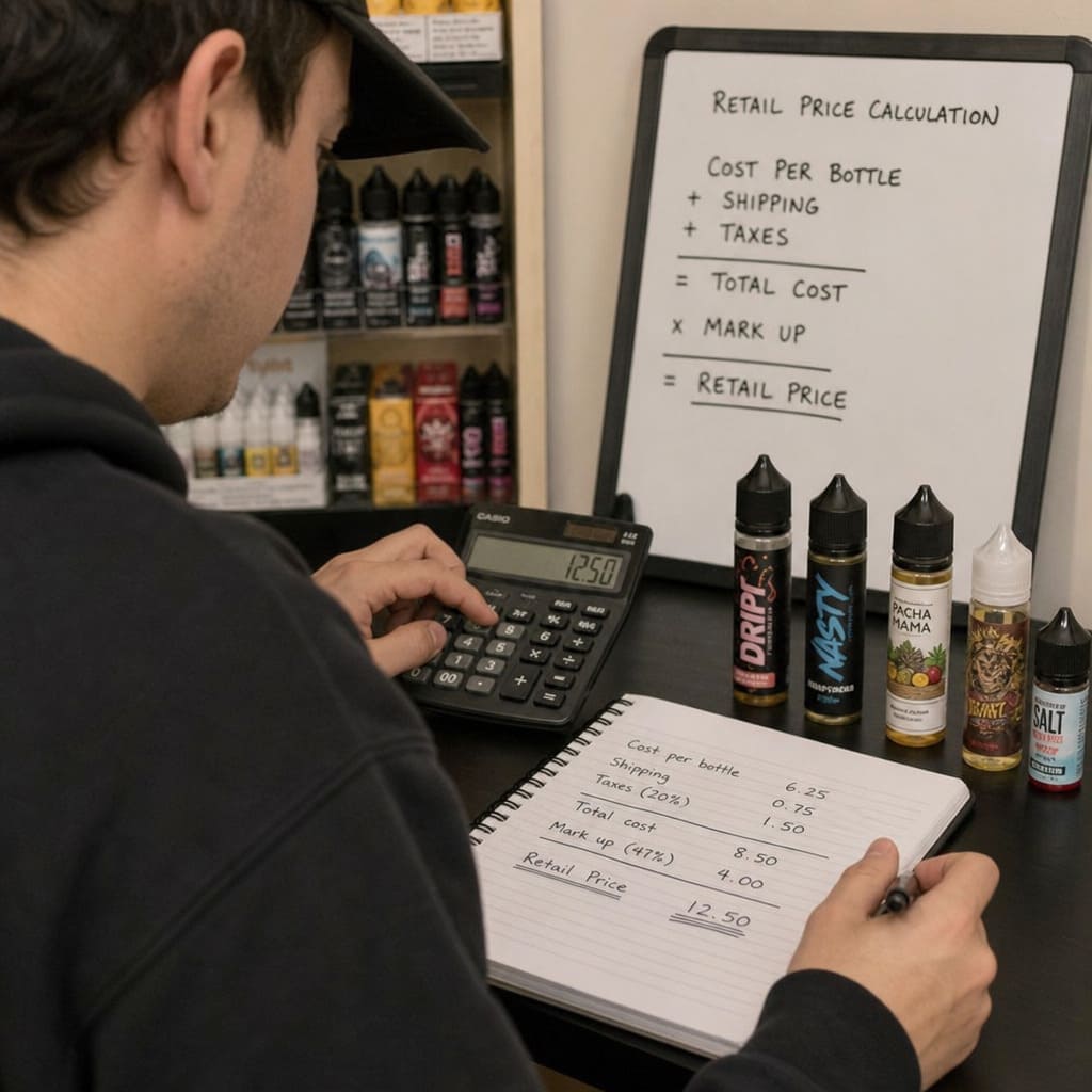 Vape shop worker calculating e-liquid retail prices with a calculator and notes