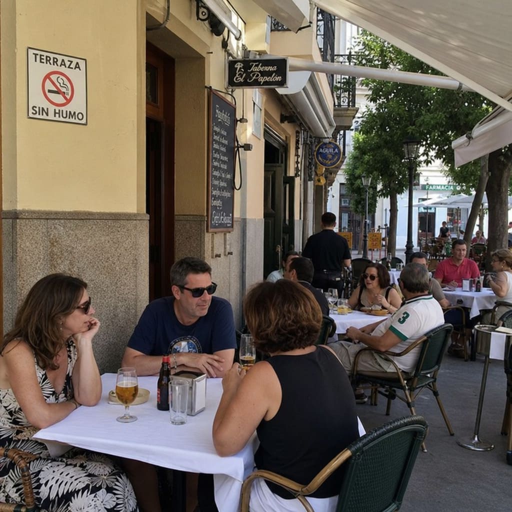 People seated on a smoke-free restaurant terrace in Spain