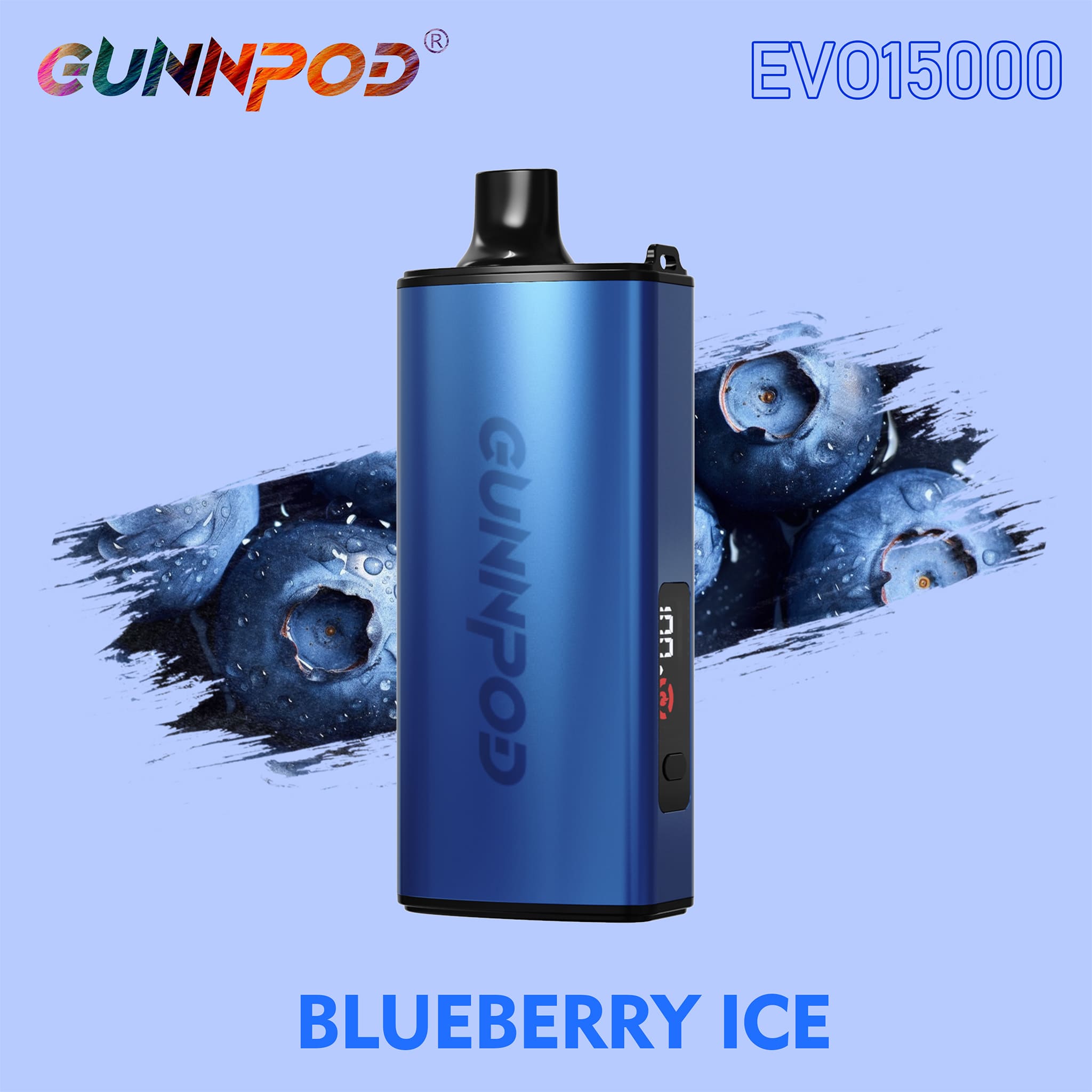 Blue electronic device with 'Gunnpod' branding on a blue background with blueberries.