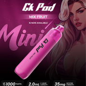 Pink Gk Pod vape device with a woman's face on a purple background